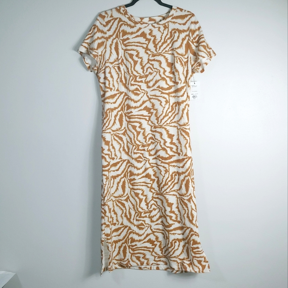 L‎ NWT Nine West Brown Zig Zag Print Midi Stretch Tee Dress